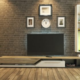 tv room, salon or living room with brick wall plant and tv design by sedat seven