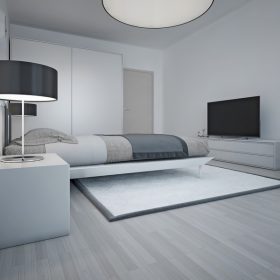 Idea of spacious modern bedroom with grey walls. Large soft double bed and strict bedside table with black shade lamp. 3D render